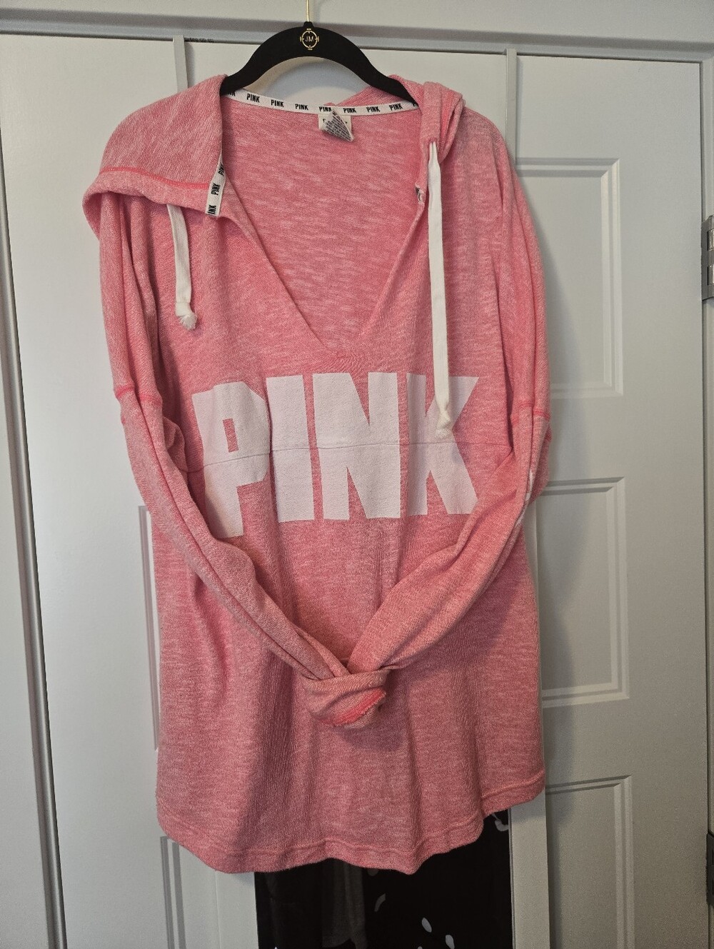PINK Victoria's Secret Heather Pink V-Neck Hooded Pullover. Size L